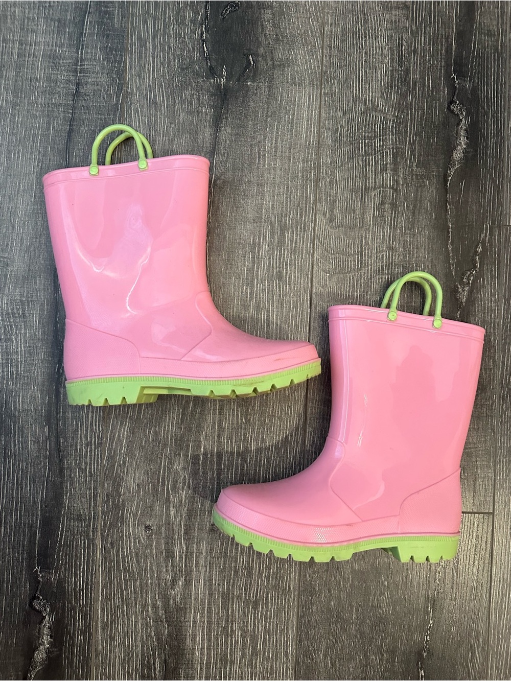 Kids Girls Pink Rain Boots with Lime Trim